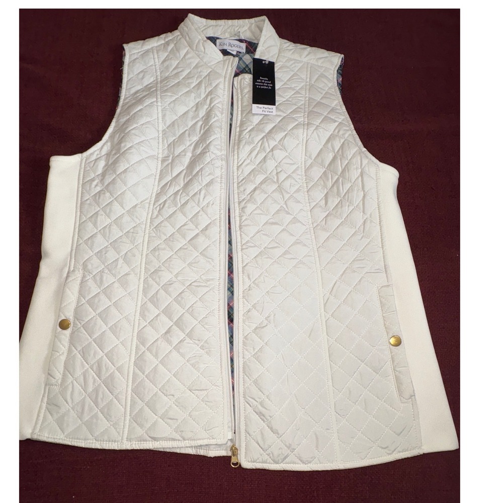 Kim Rogers The Perfect Fit Vest Womens White Quilted Plaid Lined Ribbed Sides M